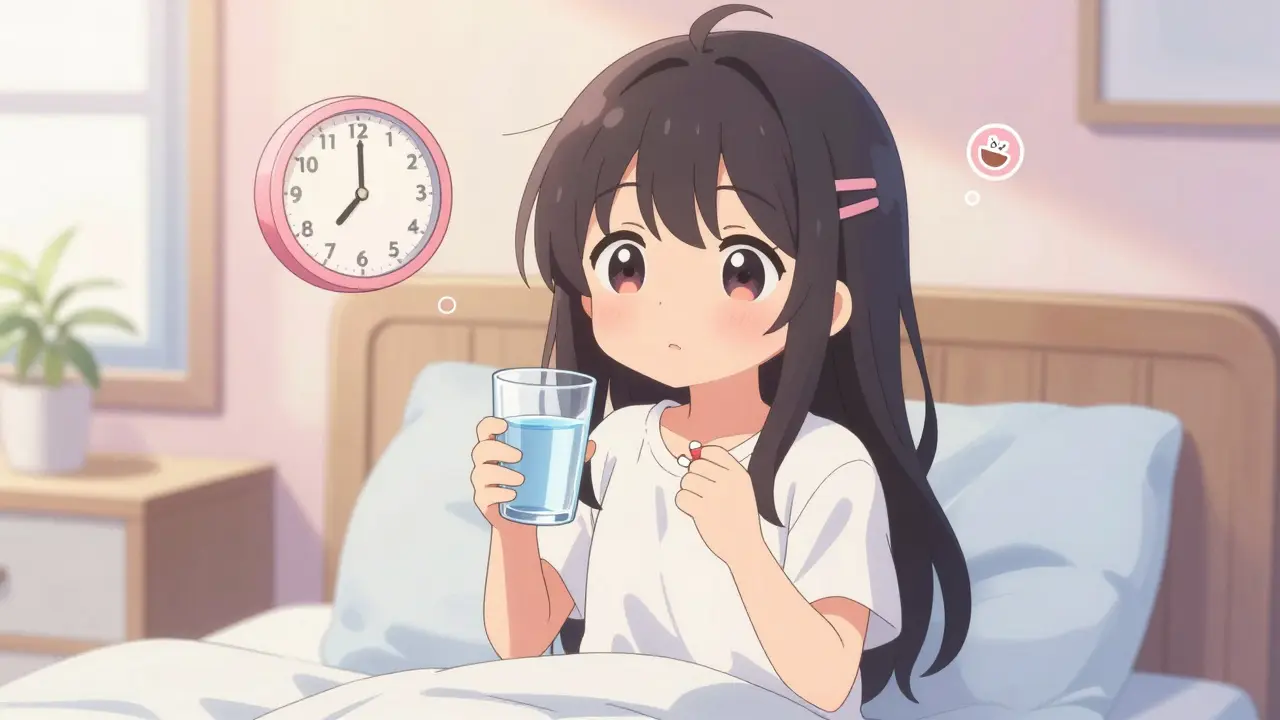 Cute anime girl sitting upright in bed taking medication with a glass of water.