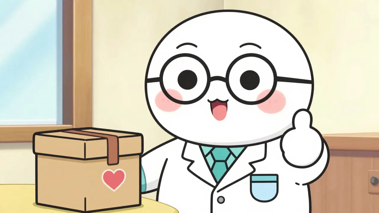 Cute anime pharmacist giving a thumbs up next to a home delivery package