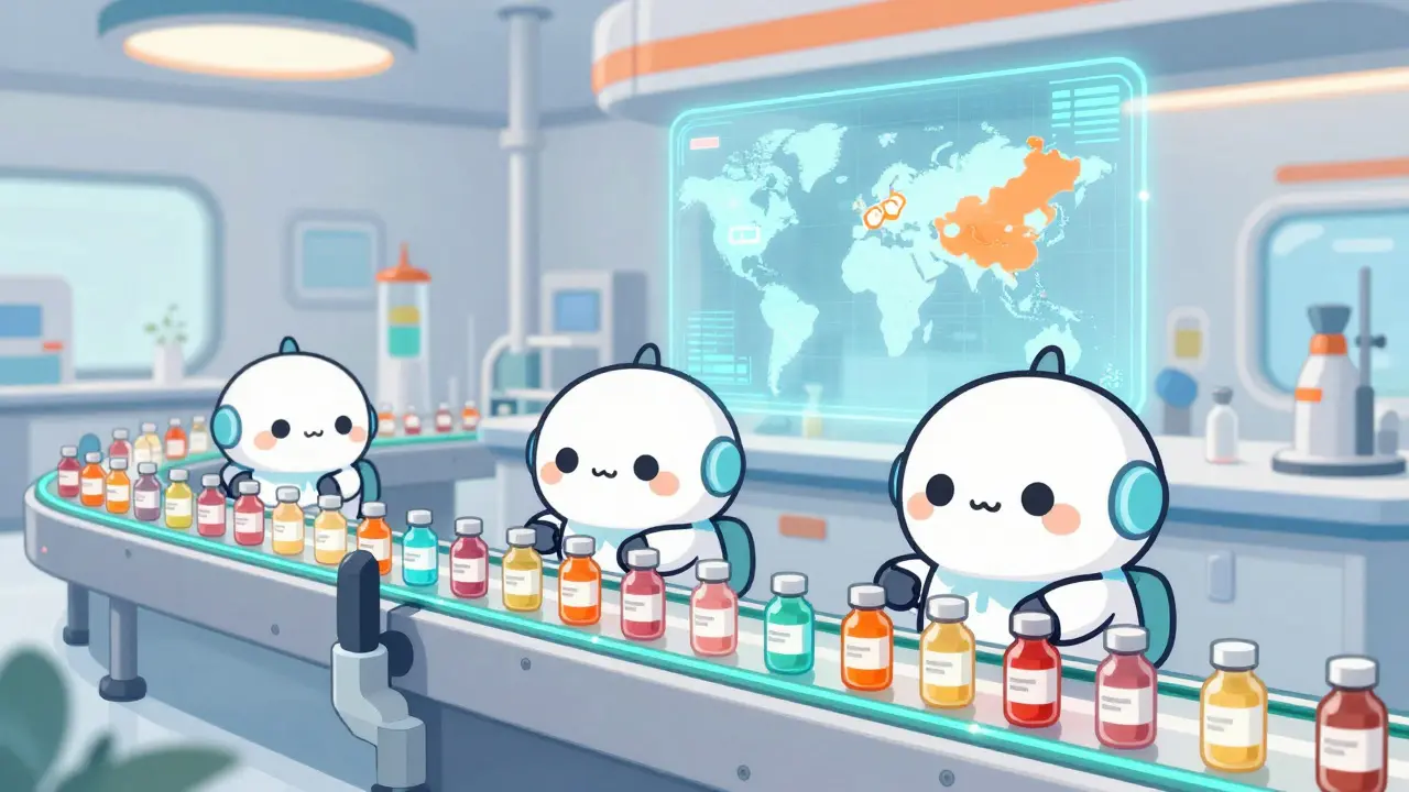 Friendly robots in a futuristic kawaii laboratory bottling colorful medicine.
