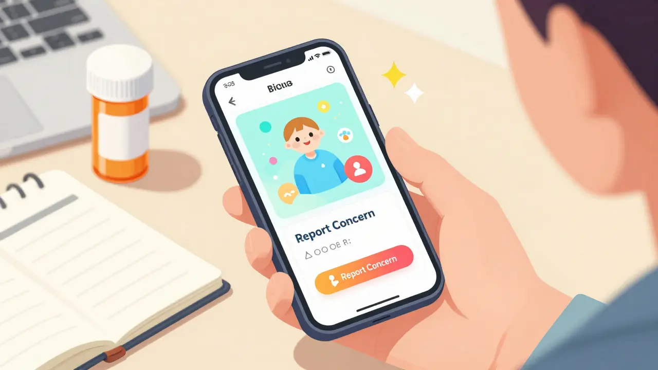 Hand using a patient portal app on a smartphone next to a prescription bottle