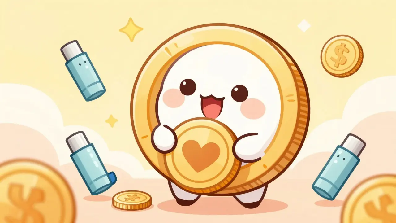 Happy anime character holding a large discount coupon surrounded by cute stylized inhalers