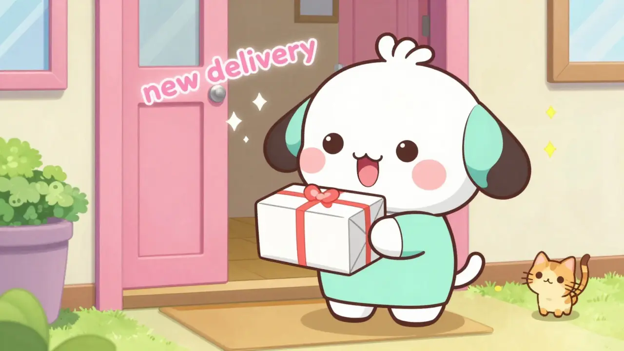 Kawaii character happily receiving a medical delivery package at home.