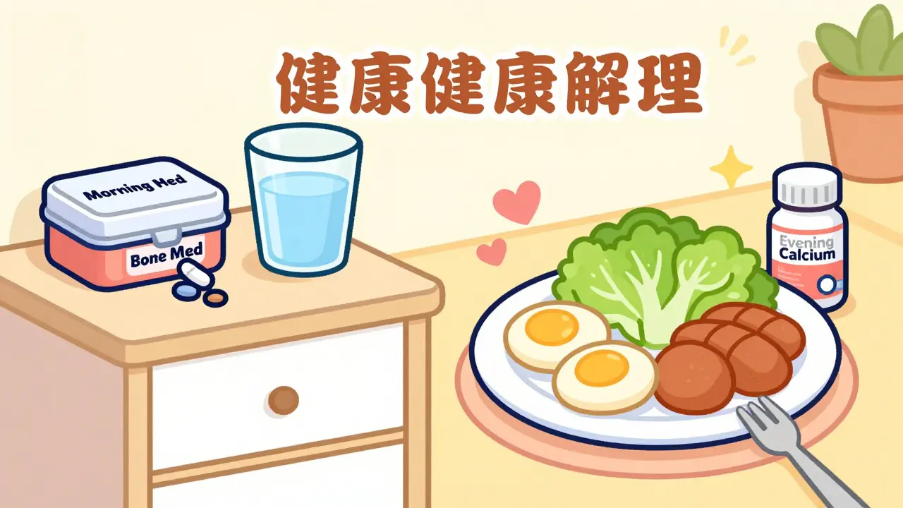 Split screen anime illustration of morning medication and evening calcium supplement routines.