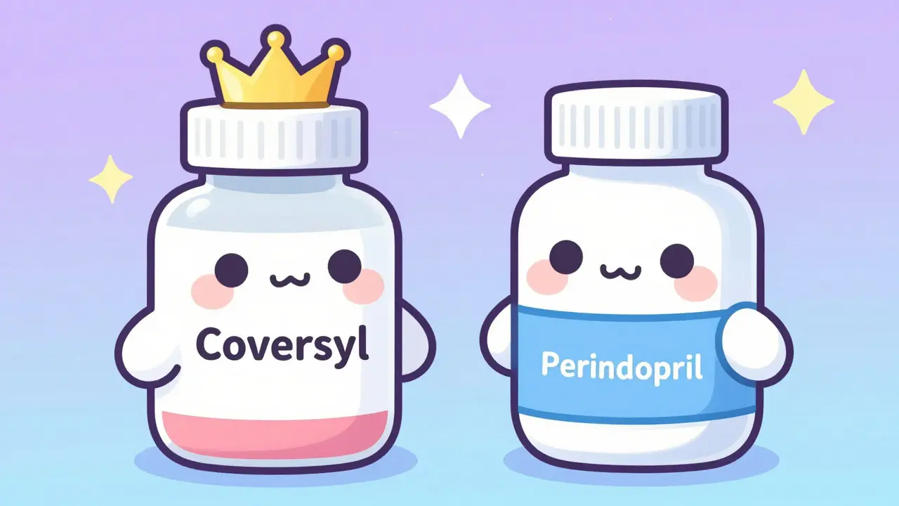 Two cute personified medicine bottles representing brand name and generic versions.