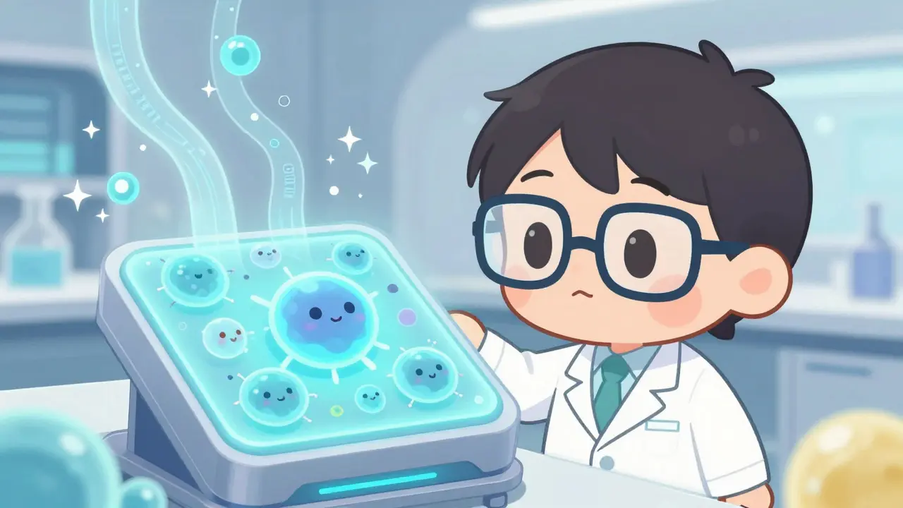 Adorable scientist observing a glowing placenta chip in a lab