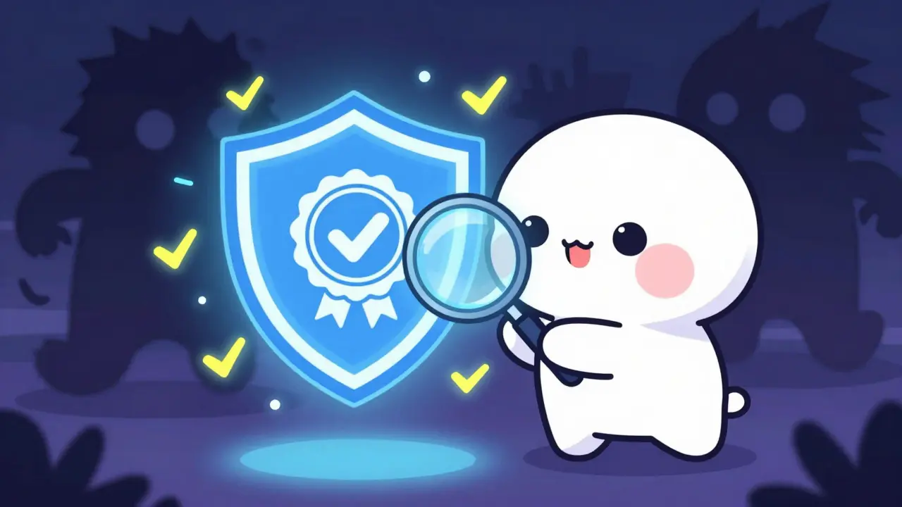 Anime character checking pharmacy safety seal with magnifying glass