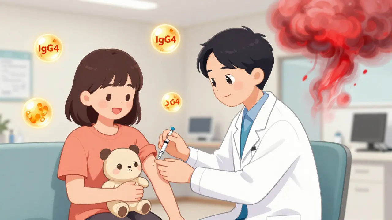 Doctor giving an allergy shot with glowing protective antibody icons