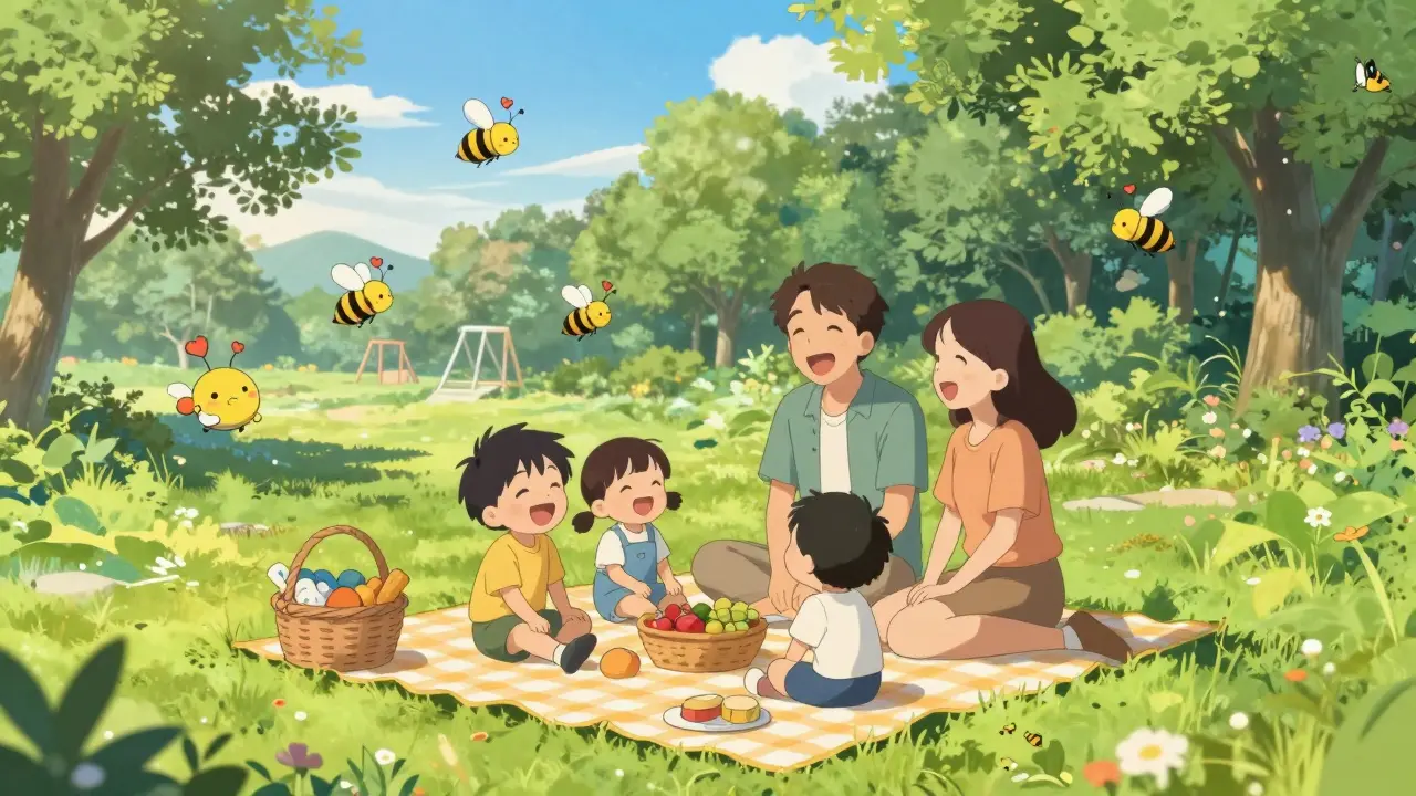 Family having a carefree picnic in a park with harmless flying insects