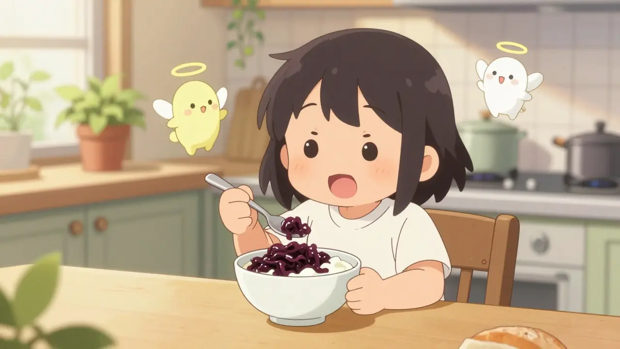 Happy anime character eating yogurt with floating spirit bacteria.