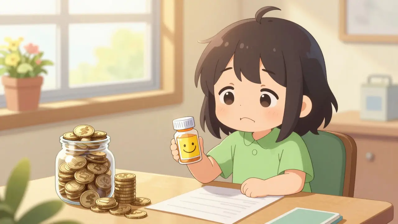 Happy anime character saving money with generic medication