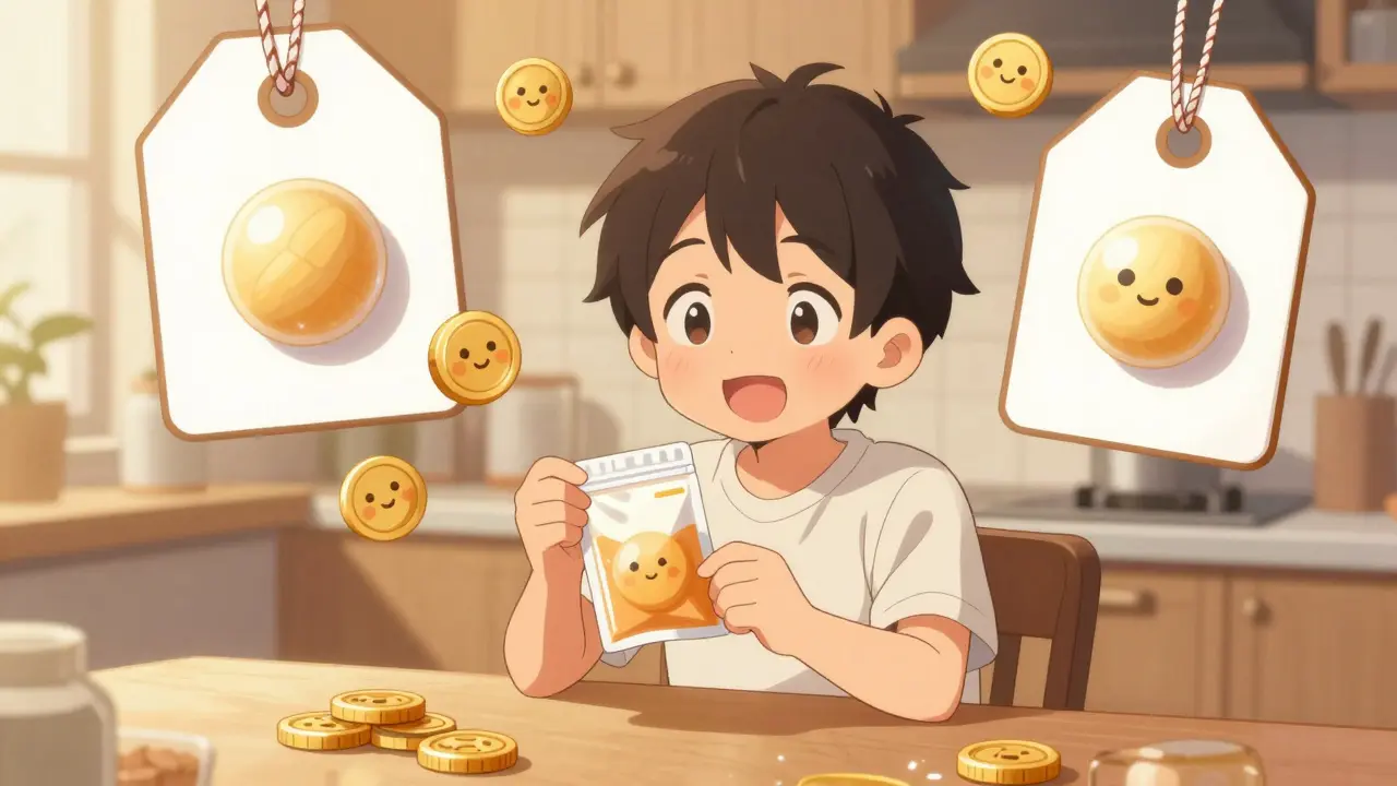Happy anime patient enjoying savings from authorized generic medication