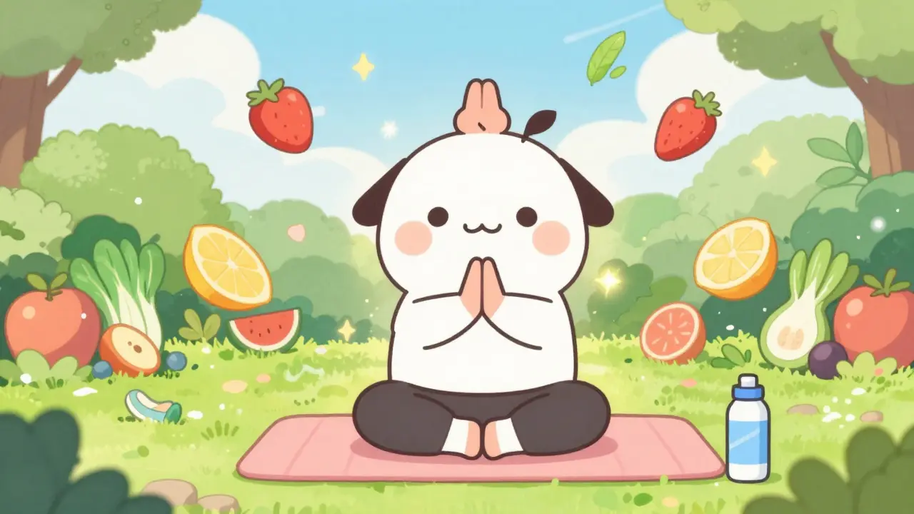 Happy kawaii character doing yoga with healthy food in a garden
