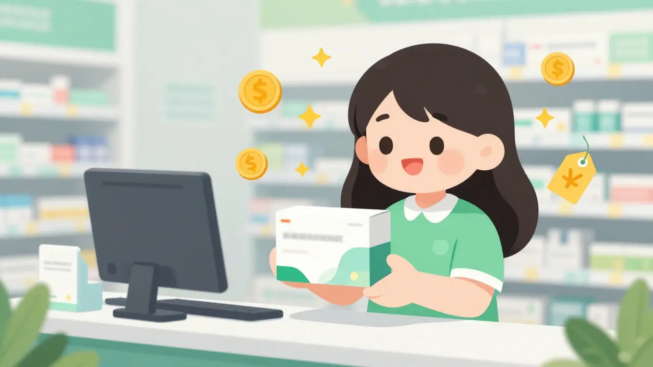 Happy kawaii character holding affordable medication package with savings icons