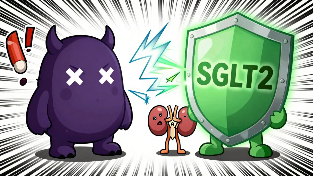 Heroic medicine shield protecting a kidney from a villainous painkiller monster