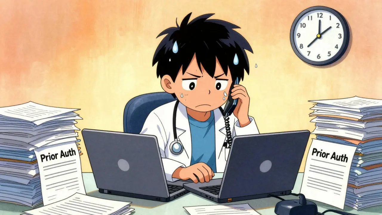Kawaii anime doctor stressed by prior authorization paperwork and calls