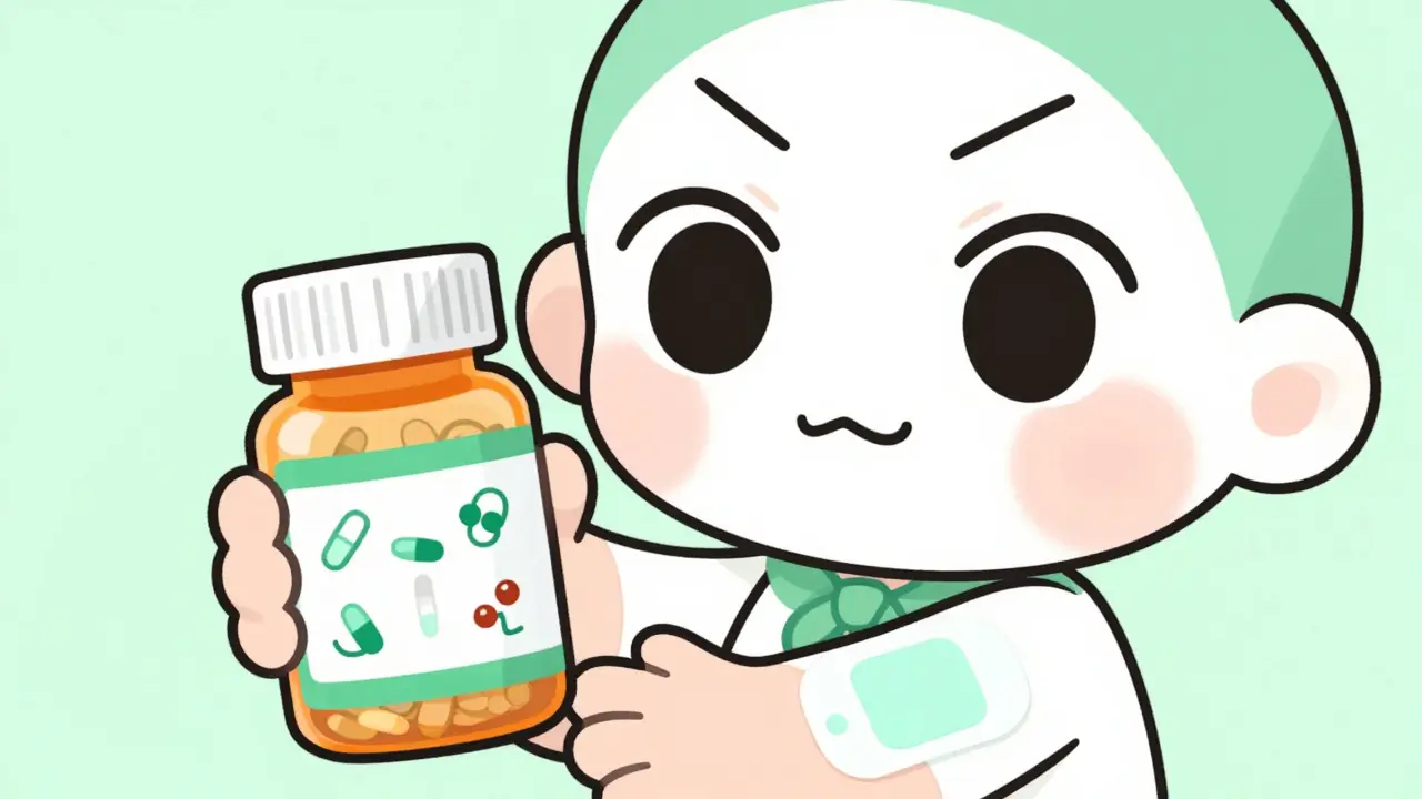Kawaii character holding medication and using a pain relief patch on foot