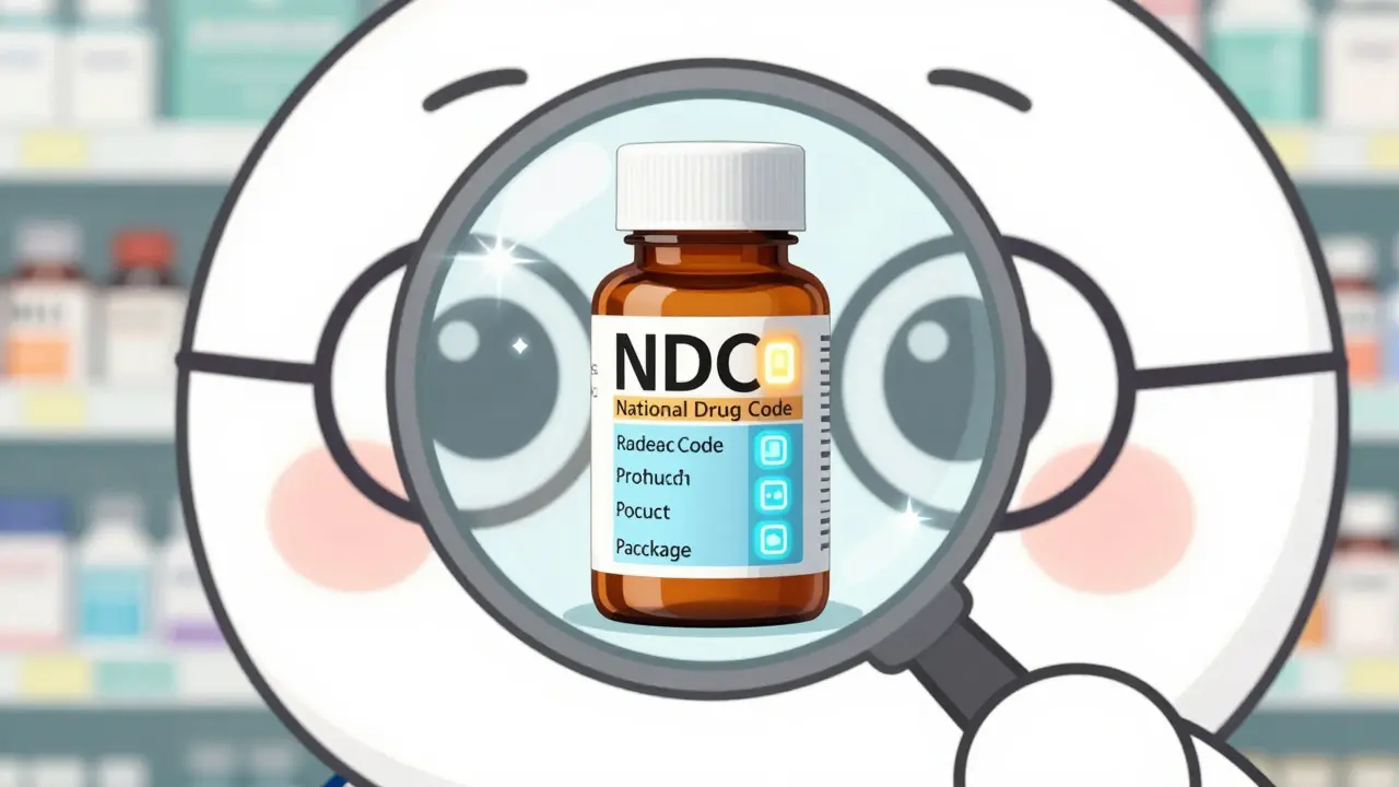 Kawaii character inspecting NDC codes with a magic magnifying glass
