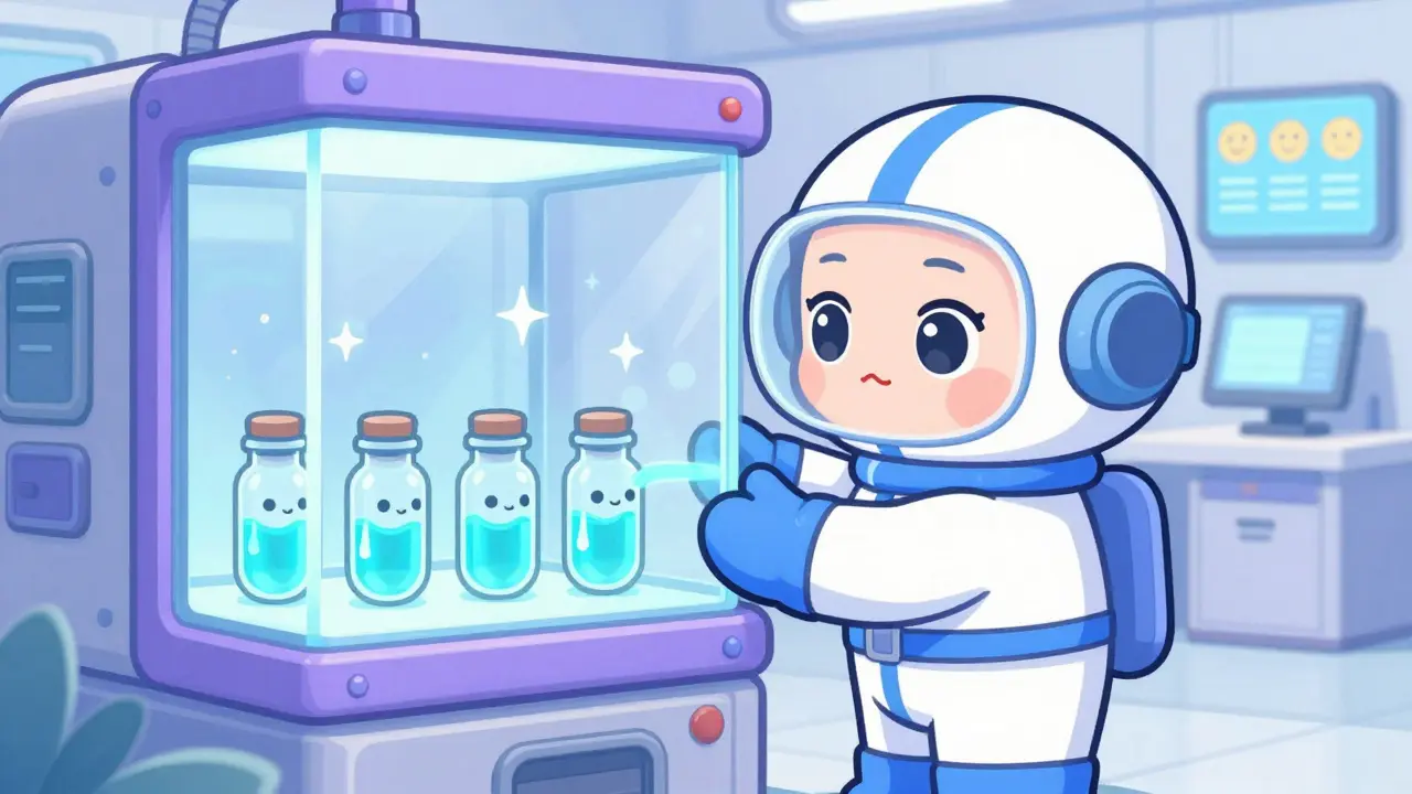 Kawaii operator using glove ports in a sterile isolator system