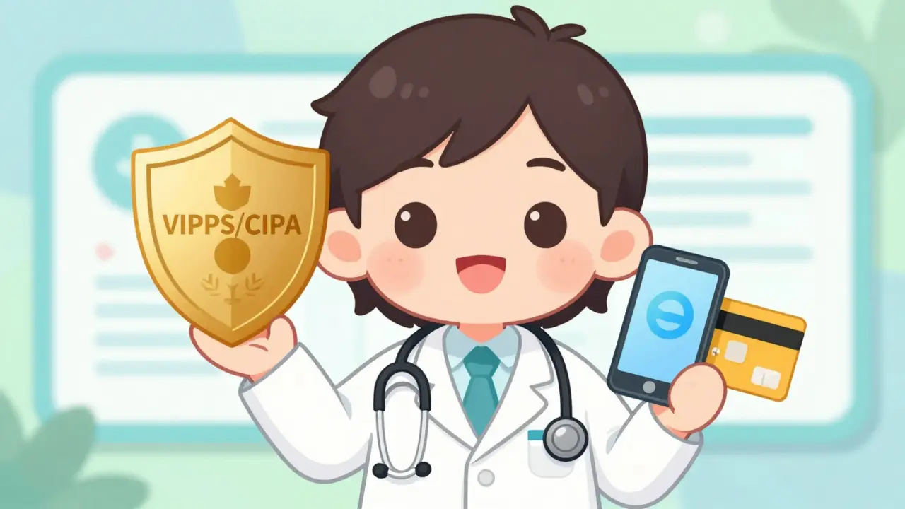 Kawaii pharmacist character holding safety shield icon