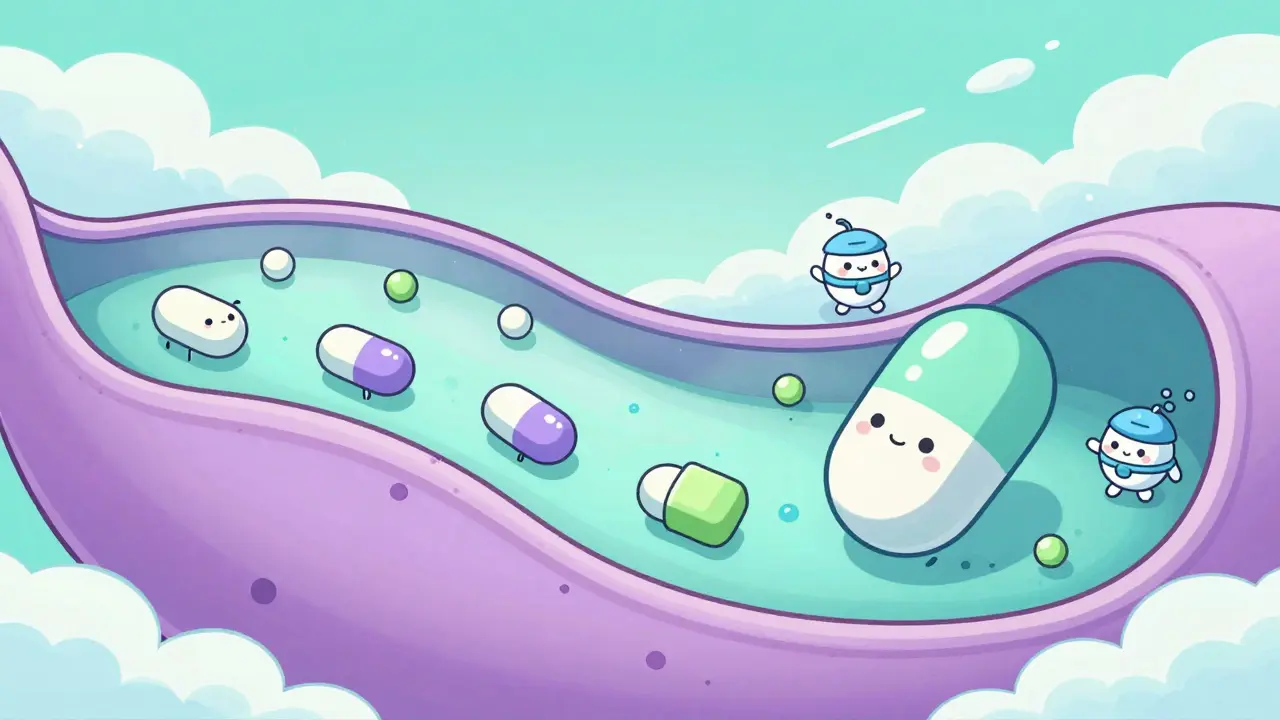 Kawaii pills passing through a cloud barrier with helper characters