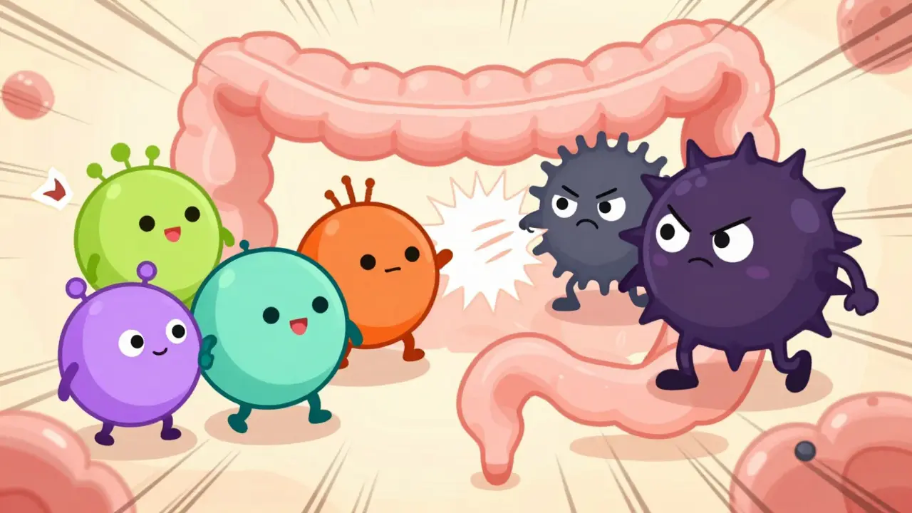 Manga style good bacteria playing against bad germs in the gut.