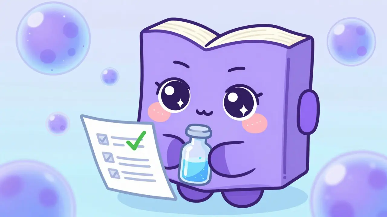 Adorable purple book character reviewing a medicine vial and checklist