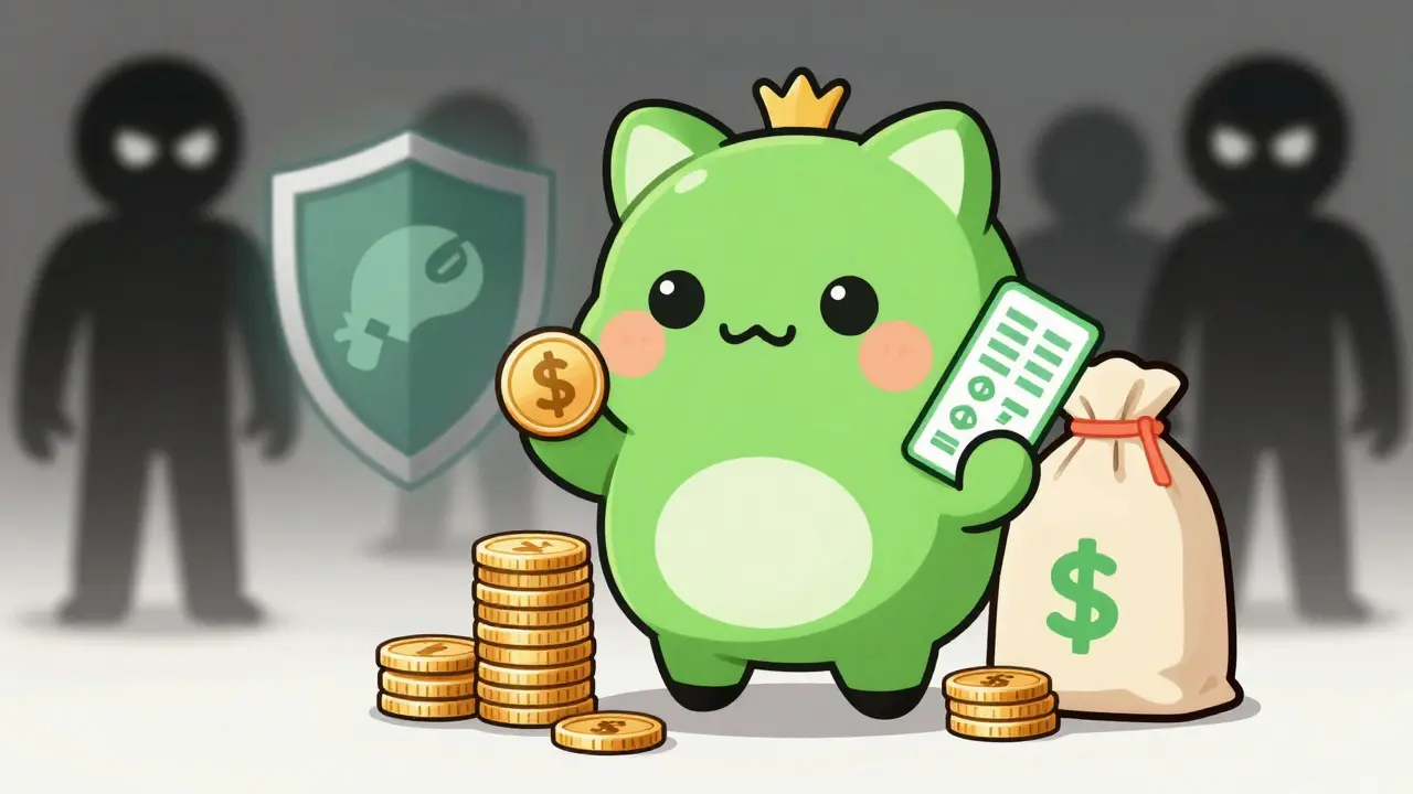 Anime character holding coupons and coins, avoiding dark shadows of illegal sites.