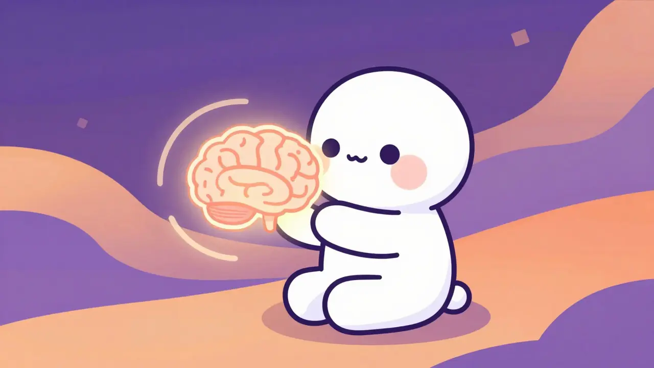 Anime character learning to manage chronic pain with glowing brain icon