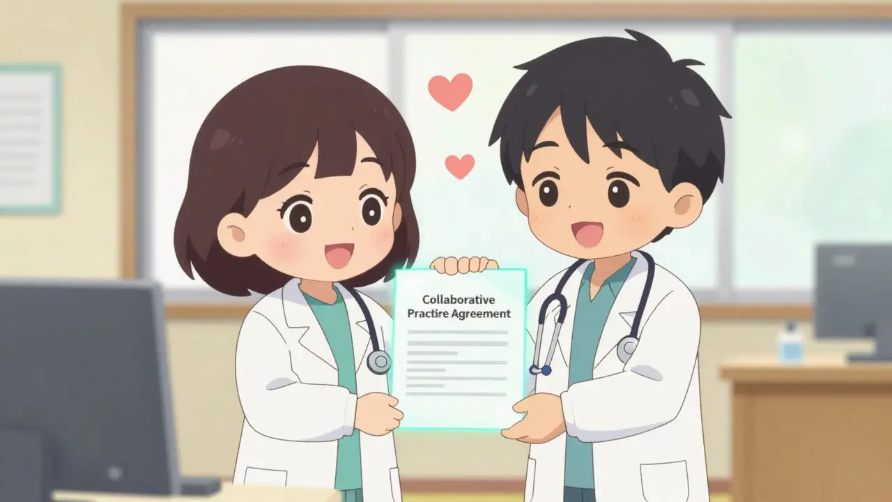 Anime pharmacist and doctor reviewing a glowing agreement together