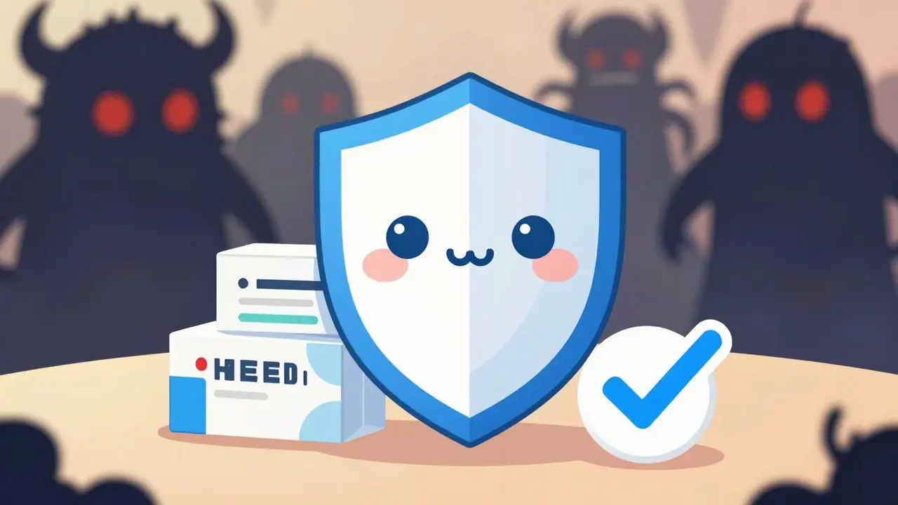 Anime shield protecting medicine from dark scam monsters
