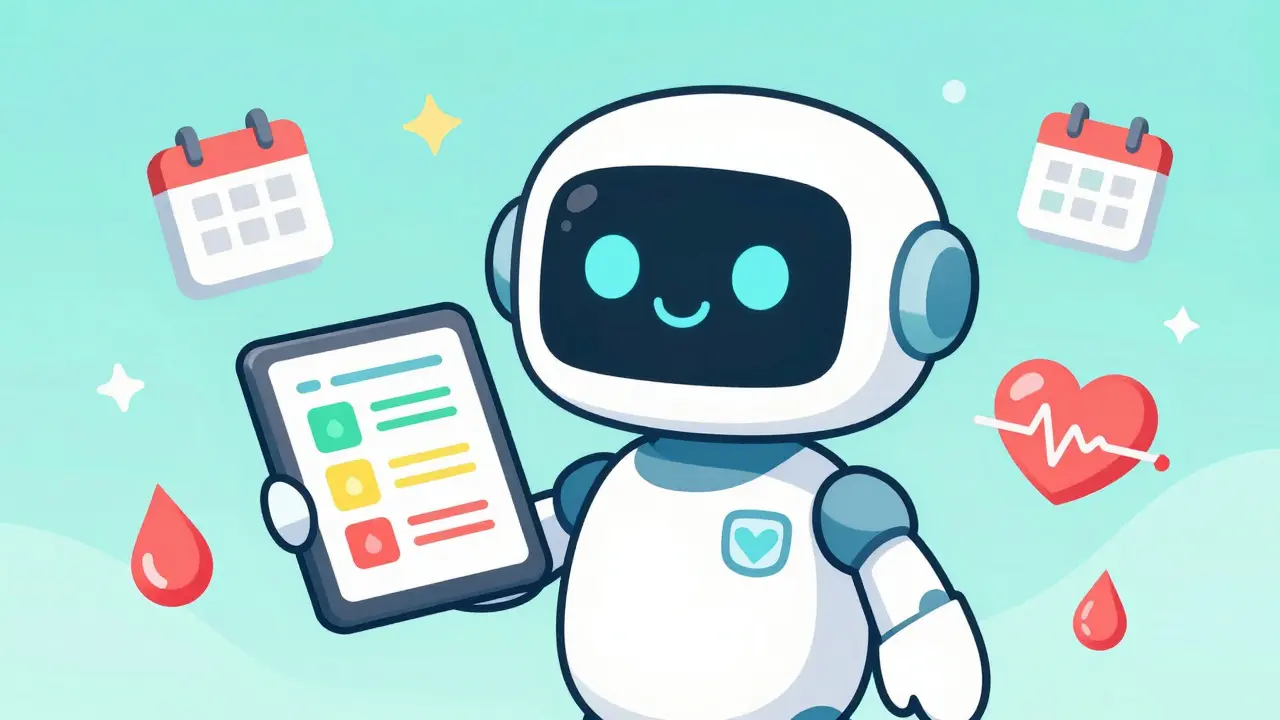 Chibi AI robot showing personalized screening schedule chart