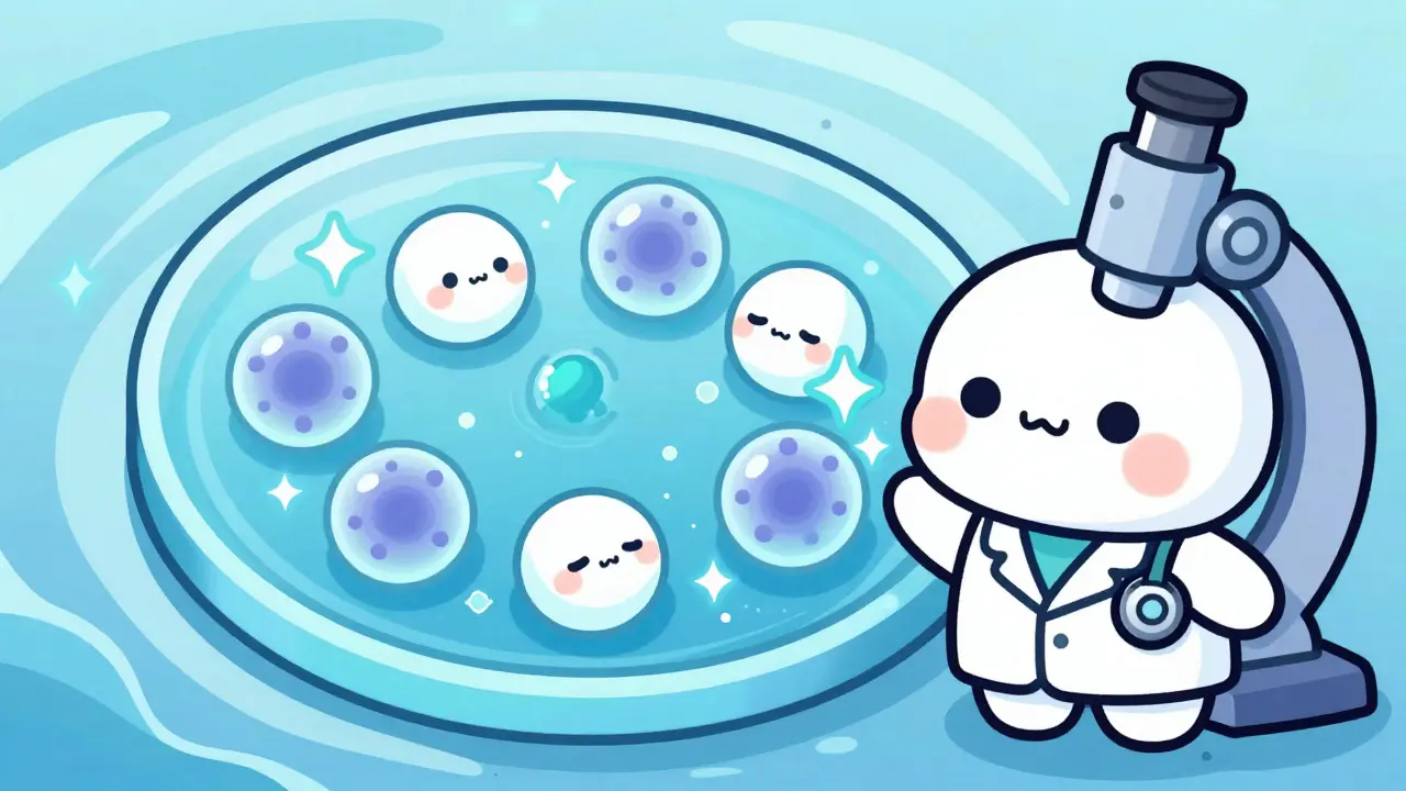 Chibi doctor and calming eosinophil cells in a kawaii medical illustration