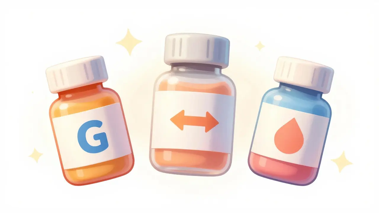 Floating kawaii medicine bottles symbolizing drug substitution types
