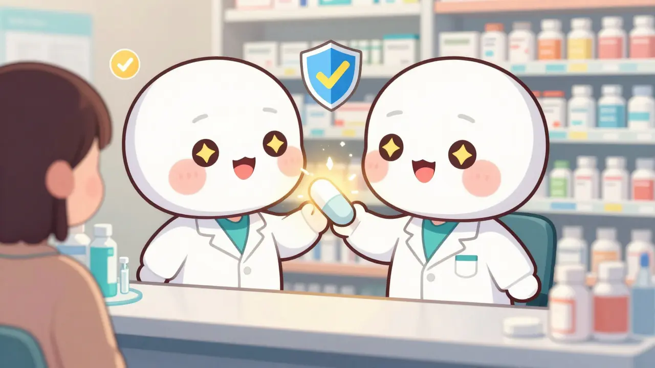 Friendly pharmacist giving a safe generic pill to a happy patient