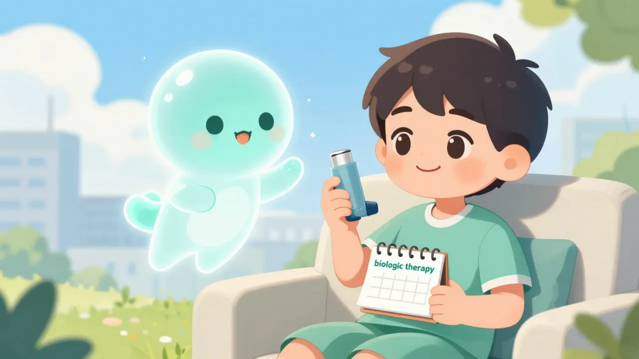 Happy anime patient managing asthma with biologic therapy support