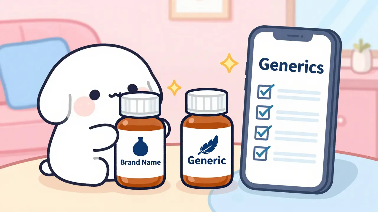 Kawaii character comparing brand name vs generic pills with a helpful chart.