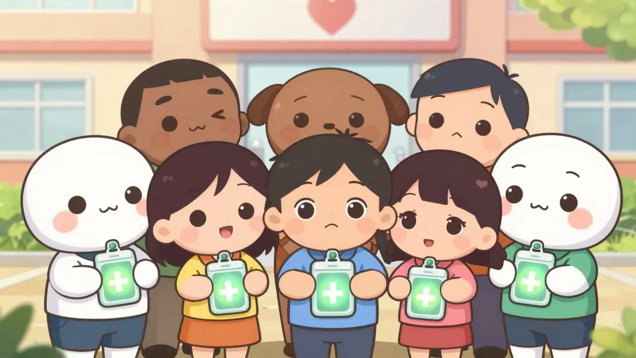 Kawaii characters holding naloxone kits in a supportive group