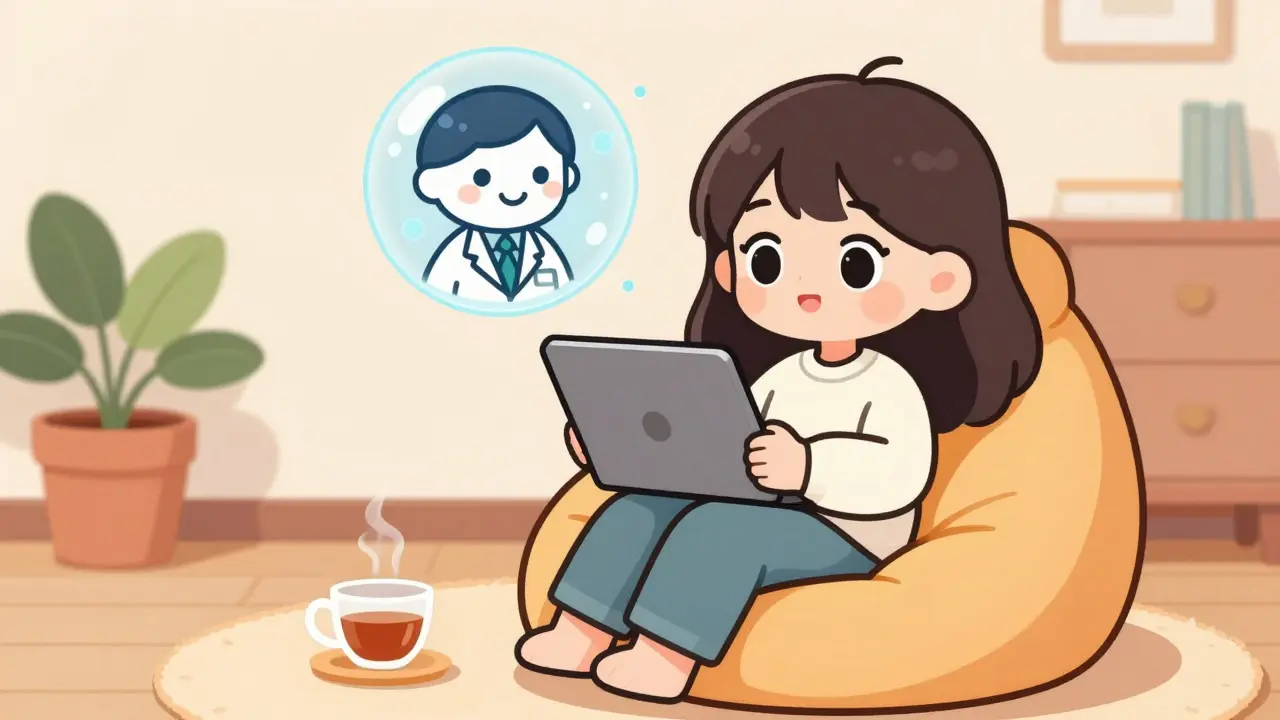 Kawaii girl consulting a doctor via tablet in a cozy room