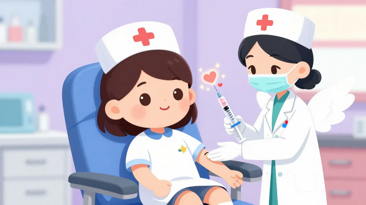 Kawaii patient receiving magical healing eye injection