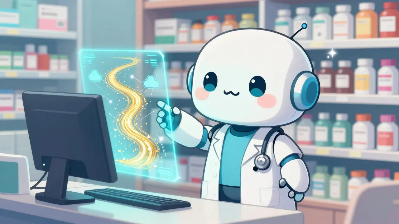 Kawaii robot pharmacist showing secure digital data transfer