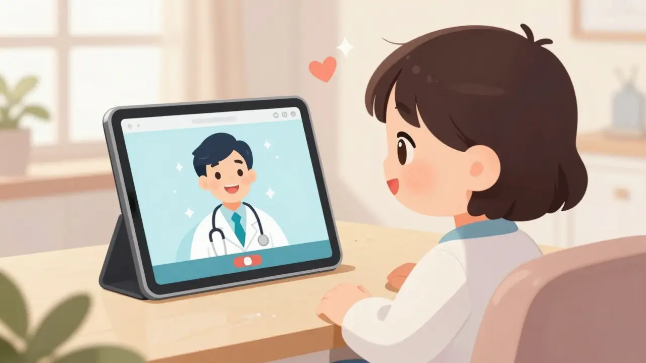 Kawaii style character having a happy video call with a doctor on a tablet.