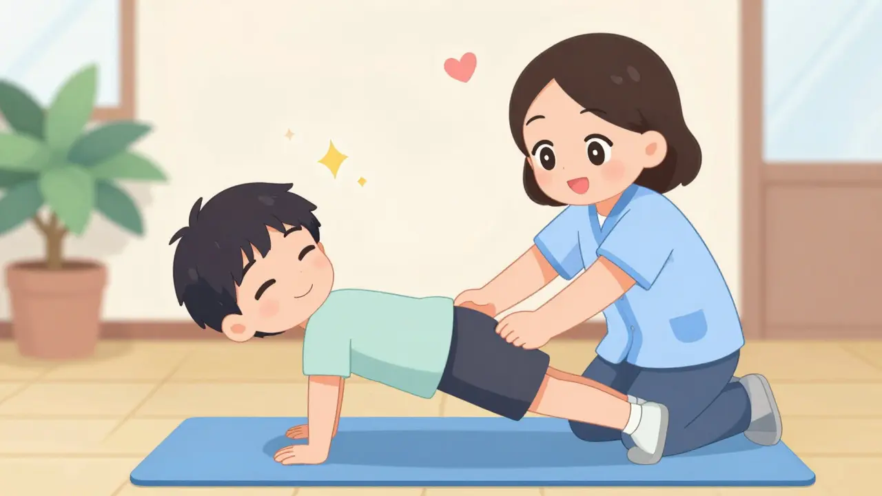 Kawaii style physical therapy session with gentle stretching exercises