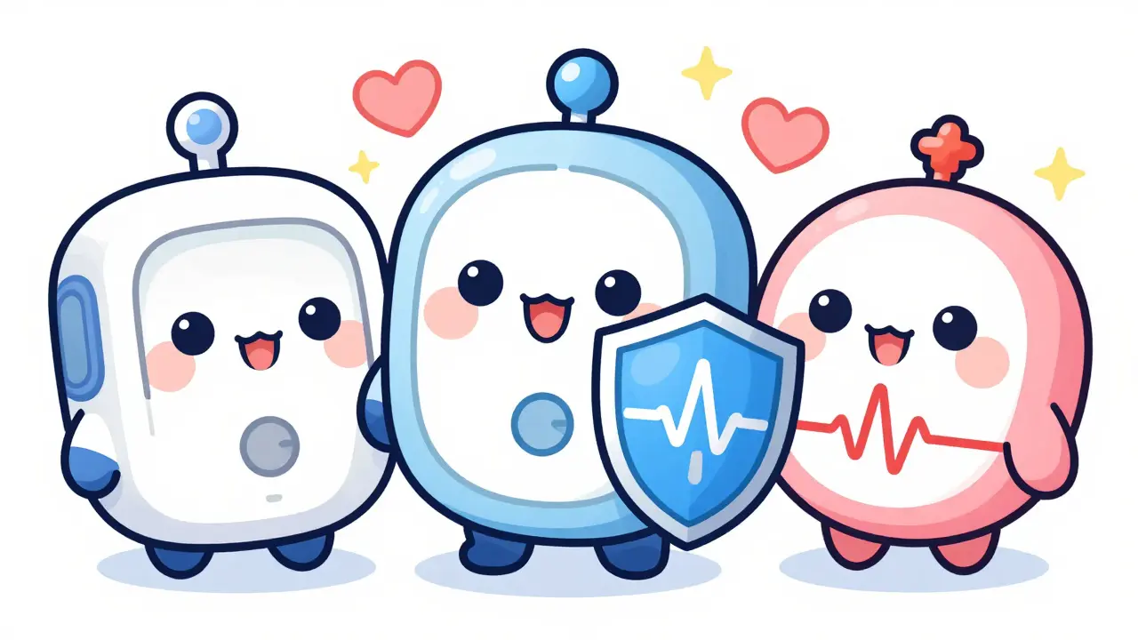 Three kawaii personified cardiac devices representing pacemakers, ICDs, and CRTs as friendly health guardians.