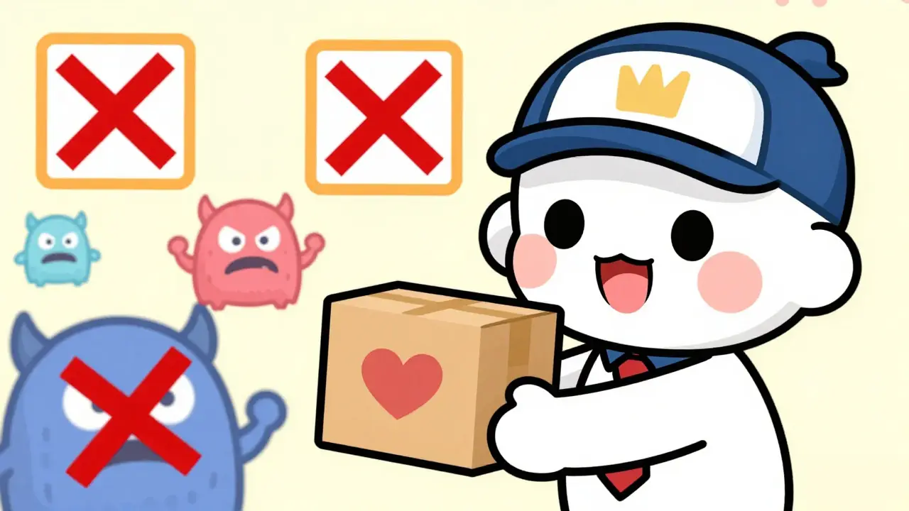 Anime character receiving safe medication package while defeating scam warnings.