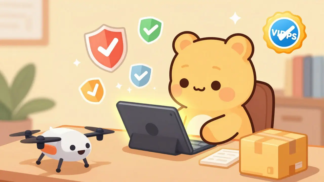 Anime character safely ordering medication online with security shield icons