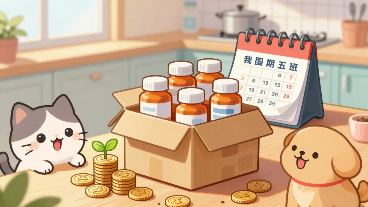 Anime style unboxing of generic meds with savings symbols and pets
