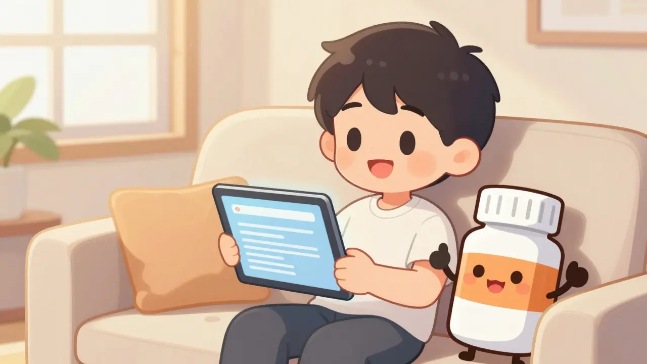 Chibi character ordering meds online with happy pill mascot