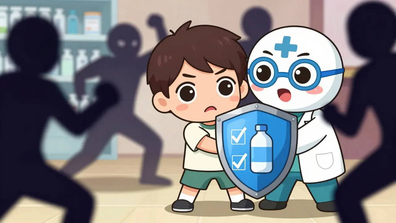 Chibi doctor protecting a patient from shady pharmacy shadows.