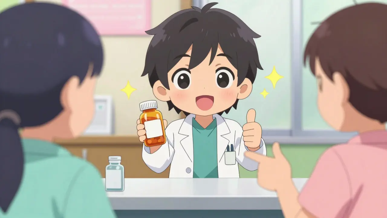 Chibi pharmacist reassuringly recommending a generic medication to a patient