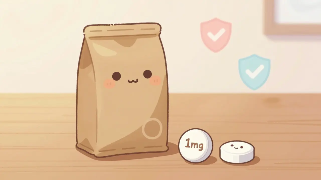 Discreet package with cute smiling pills on table